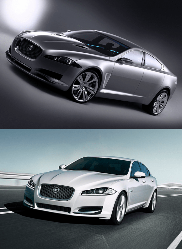 Exhibit B: The Jaguar XF.  Concept on top.