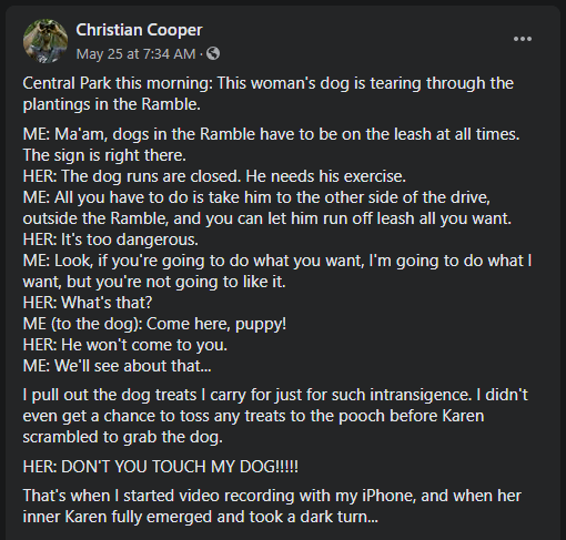 Central Park this morning: This woman's dog is tearing through the plantings in the Ramble.
ME: Ma'am, dogs in the Ramble have to be on the leash at all times. The sign is right there.
HER: The dog runs are closed. He needs his exercise.
ME: All you have to do is take him to the other side of the drive, outside the Ramble, and you can let him run off leash all you want.
HER: It's too dangerous.
ME: Look, if you're going to do what you want, I'm going to do what I want, but you're not going to like it.
HER: What's that?
ME (to the dog): Come here, puppy!
HER: He won't come to you.
ME: We'll see about that...
I pull out the dog treats I carry for just for such intransigence. I didn't even get a chance to toss any treats to the pooch before Karen scrambled to grab the dog.
HER: DON'T YOU TOUCH MY DOG!!!!!
That's when I started video recording with my iPhone, and when her inner Karen fully emerged and took a dark turn...